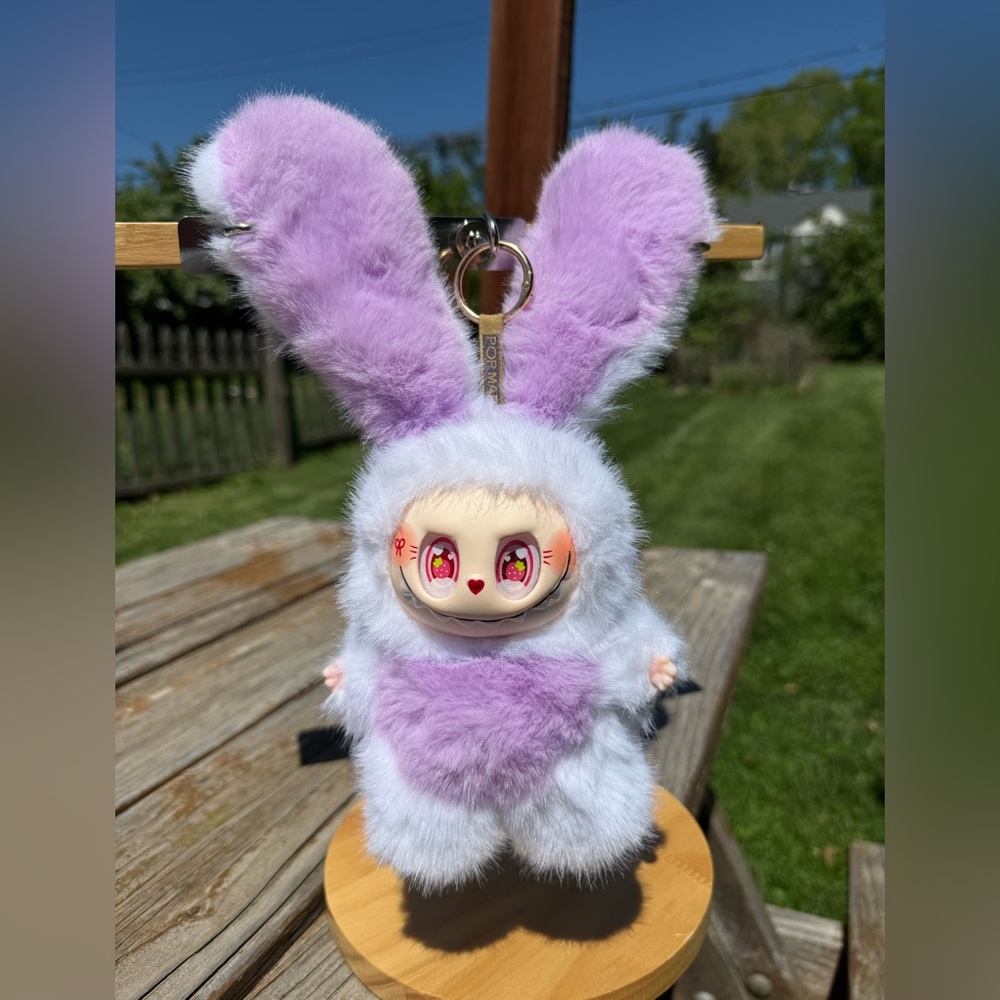 Plush Labubu Bunny Long Ears Keychain with Lavender Ears and Heart Chest